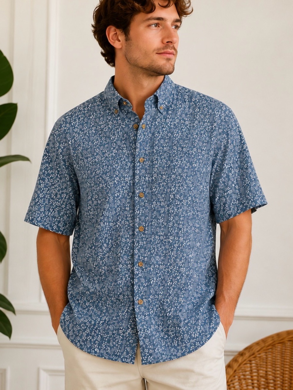 Southern Tide Men’s XL Linen Blend Floral Button Down Shirt Blue